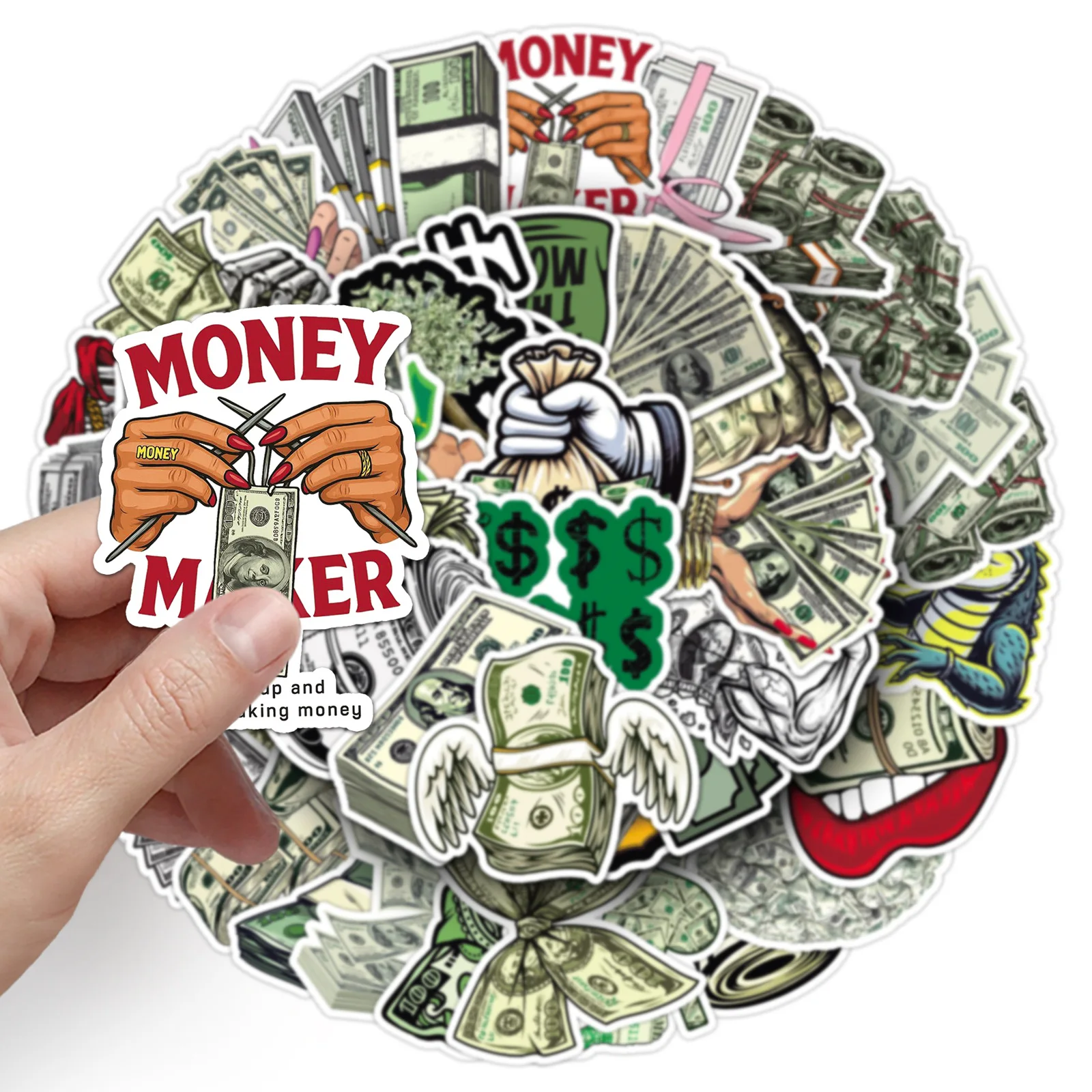 50 USD symbol stickers, cartoon paper money currency, retro graffiti, hand account materials, computer headphones decoration