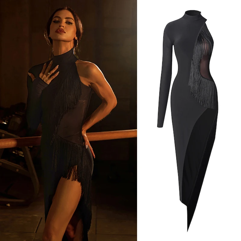 

Летнее платье ZYM для латиноамериканских танцев, женское платье с одним рукавом и бахромой, костюмы для соревнований по бальным танцам для взрослых SL8156