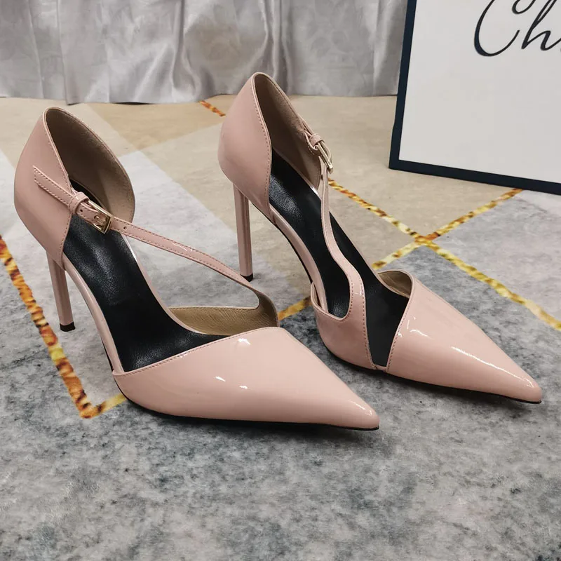 

High Quality New patent leather Hollow out Slip-On Fashion Sandals Large Size Genuine Leather Sole Women's High Heels Shoes