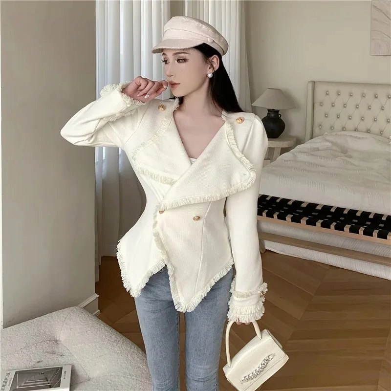 

UNXX Autumn Winter Small Fragrance Style Short Tassel Waist Tweed Jacket Vintage Solid Color Lapels Blazer Coats Women Clothing