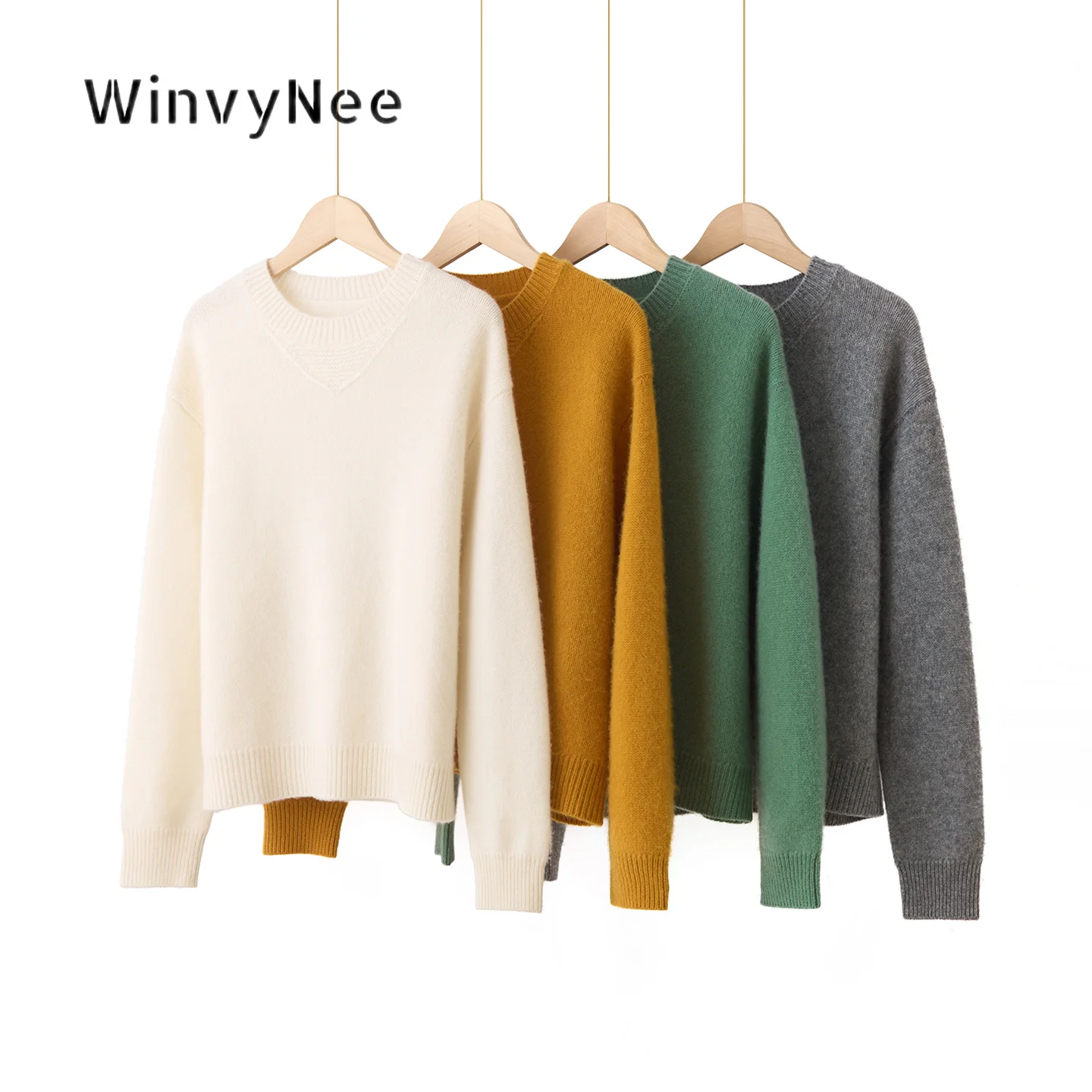 WinvyNee Women Lazy Silhouette Elastic Cuff Knitted Cashmere Crew Neck Long Sleeve Pullover Autumn Winter Thickened Top A1944035