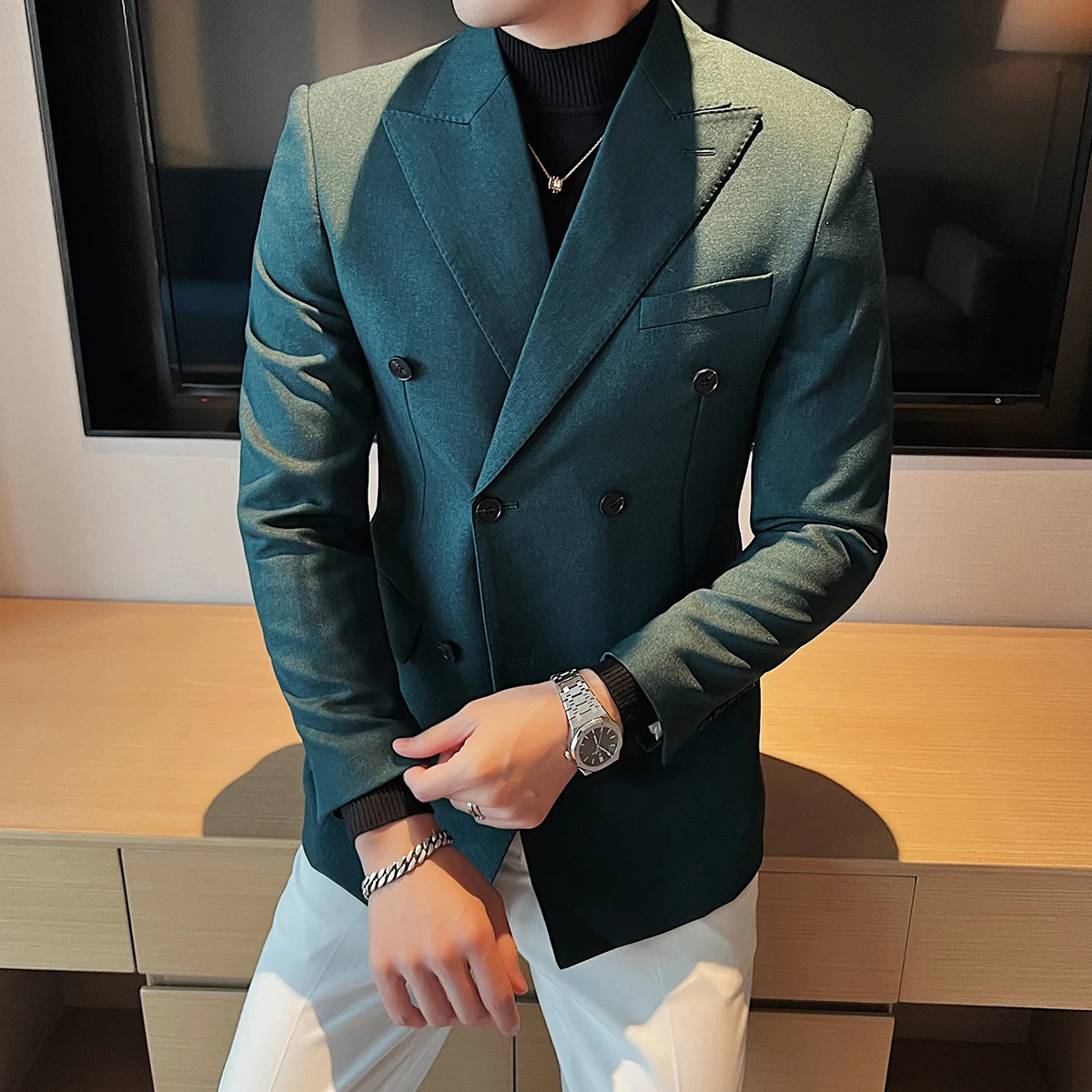 2022 Fashion Double Breasted Suit Jacket Slim Fit Men\'s Formal Brand Khaki Green Black Blazers Men Wedding Social Party Clothing