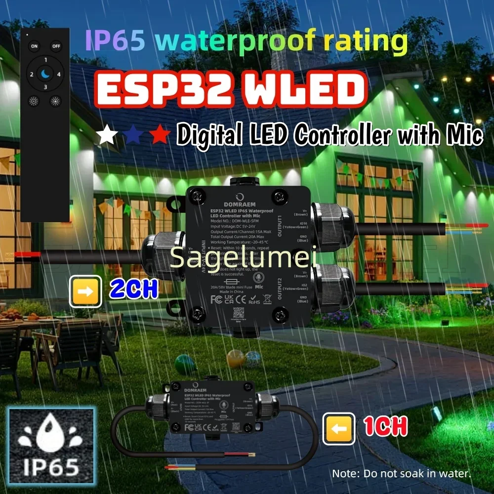 DOMRAEM Outdoor Waterproof ESP32 WLED Digital LED Mic Controller IP65 15A Fuse RCP WS2811/05etc Alexa/HA/MQTT App Remote RGB IC