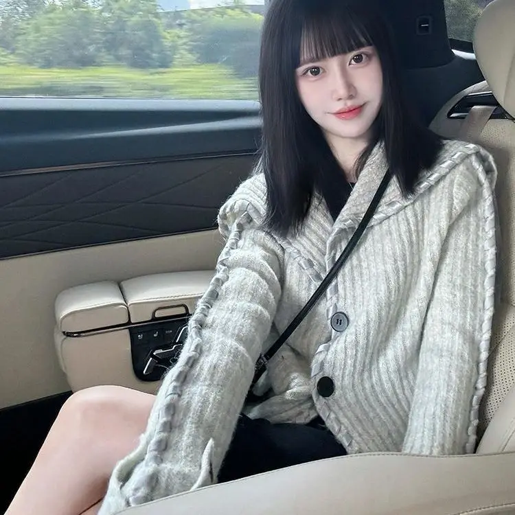 

Elegant Celebrity Lace Up Knit Cardigan Turn-down Collar Loose New Hot Sell Jumper Personalized Advanced Fashion Knitted