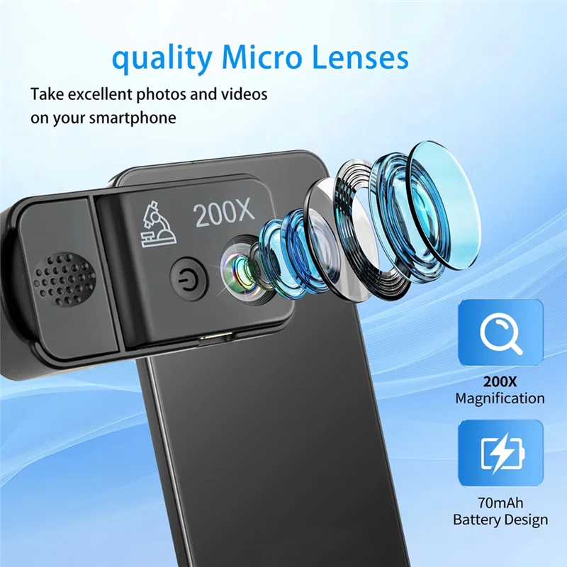 200X Phone Microscope Lens,LED/UV Lights & CPL Filter,Universal Phone Clip ,Pocket-Sized Science Tool (HD Zoom)