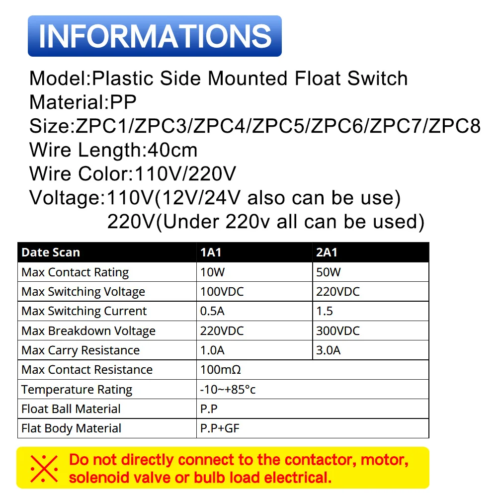 High Quality Side Mounted Float Switch Mini Plastic Tank Liquid Float Water Level Sensor 110V/220V ZPC1 3 4 5 6 7 8