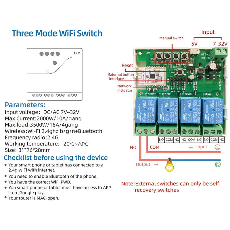 Inteligente 4 Canais Inteligente WiFi Bluetooth Módulo Interruptor de Relé de Contato Seco Sem Fio, APP Controle Remoto, Funciona Com Alexa Google Home