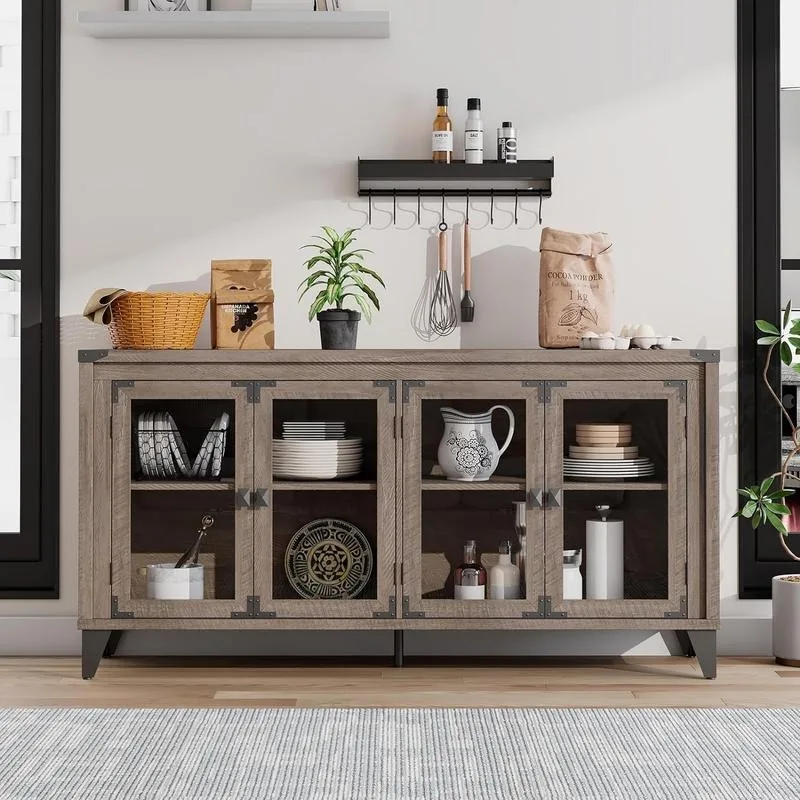 

Farmhouse Sideboard Buffet Cabinet with Glass Doors, 63" Industrial Wood Sideboard with Adjustable Shelves, Console Table for