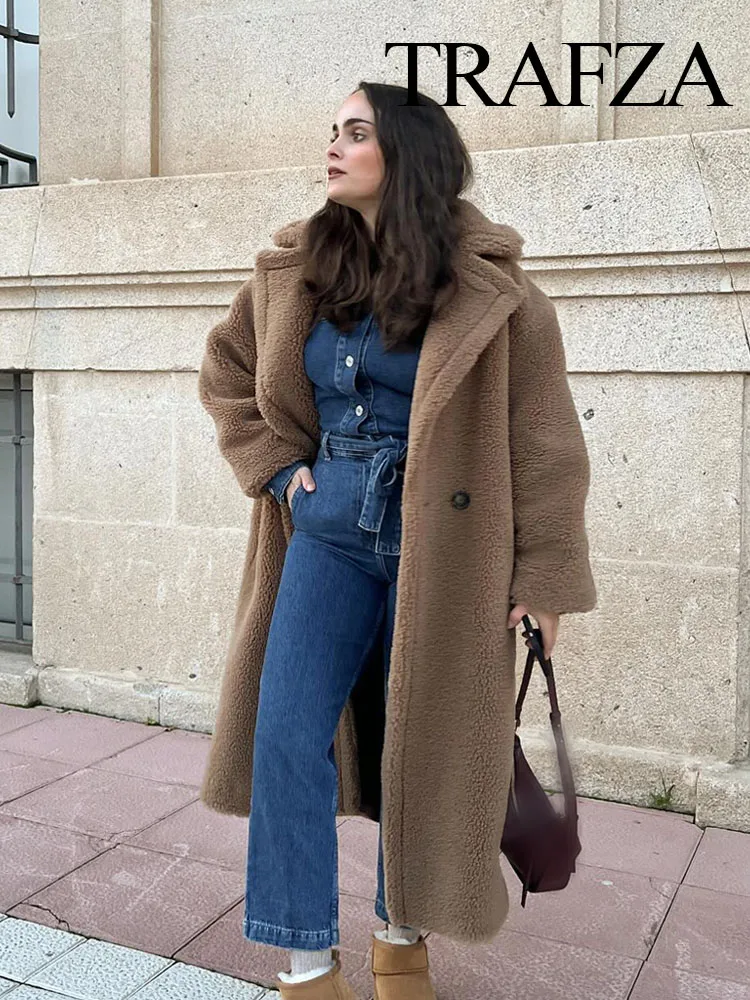 TRAFZA, moda de invierno para mujer, abrigo con botones lisos, cuello de solapa Vintage, manga larga, abrigo de lana grueso y cálido informal elegante para mujer