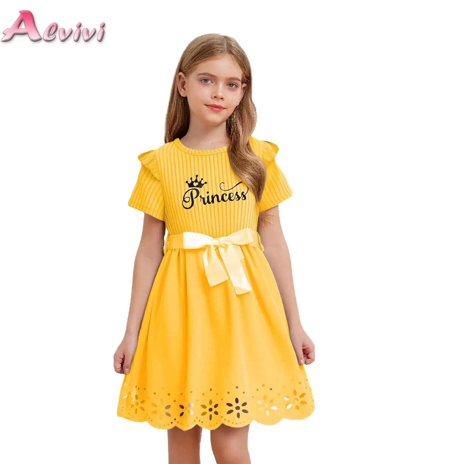 

Sweet Summer Dress Hollow Out Floral Hem Letter Printed Dress with Belt for Birthday Party Costume Kids' Princess Clothing