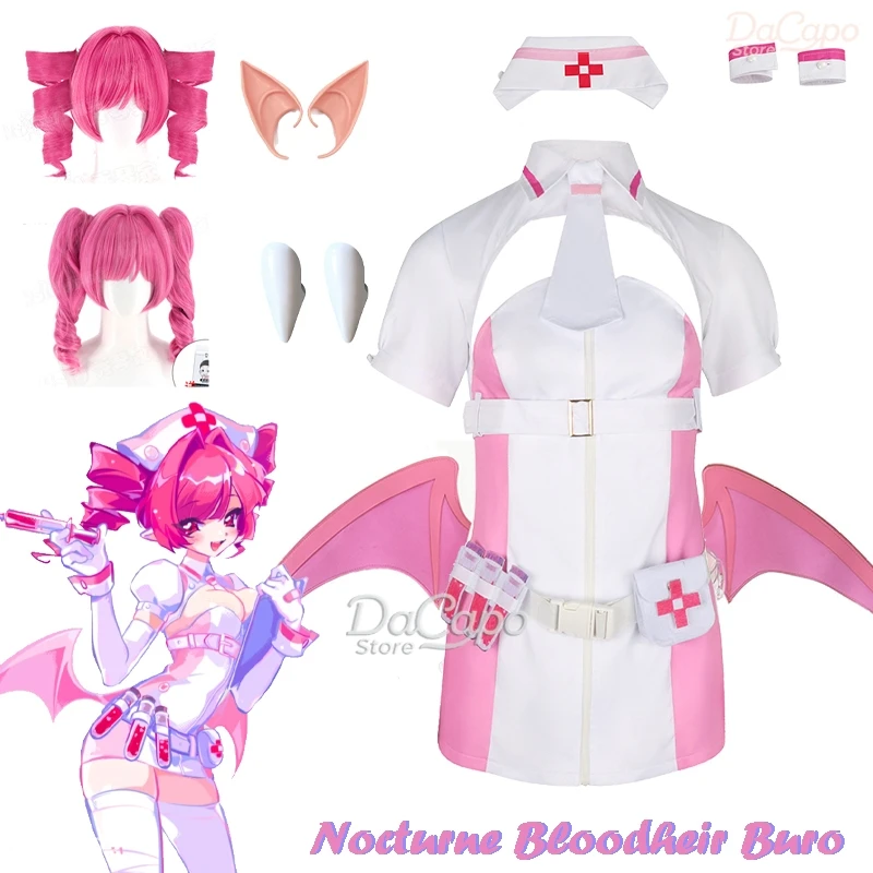 Juego Muse Dash Buro Cosplay nocturno Bloodheir Buro traje Cosplay disfraz Sexy mujeres niñas rosa uniformes de enfermera vestido peluca ala