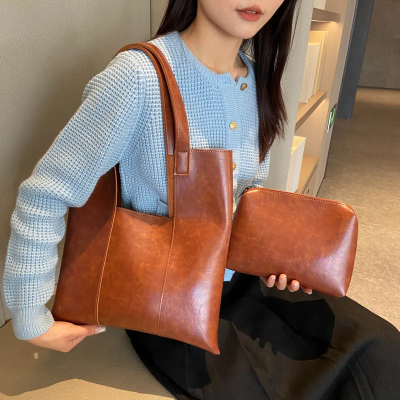 LEFTSIDE 2 Pcs/set Retro Big Shoulder Bags for Women Simple Tote Bag 2023 Winter PU Leather Hand Bag Lady Vintage Handbags