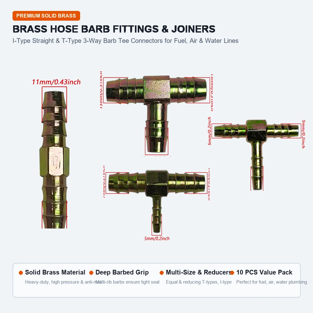 Brass Hose Barb Fittings 10 Pcs, I-Type Straight & T-Type 3-Way Barb Connector for Fuel Air Water Line, Solid Brass