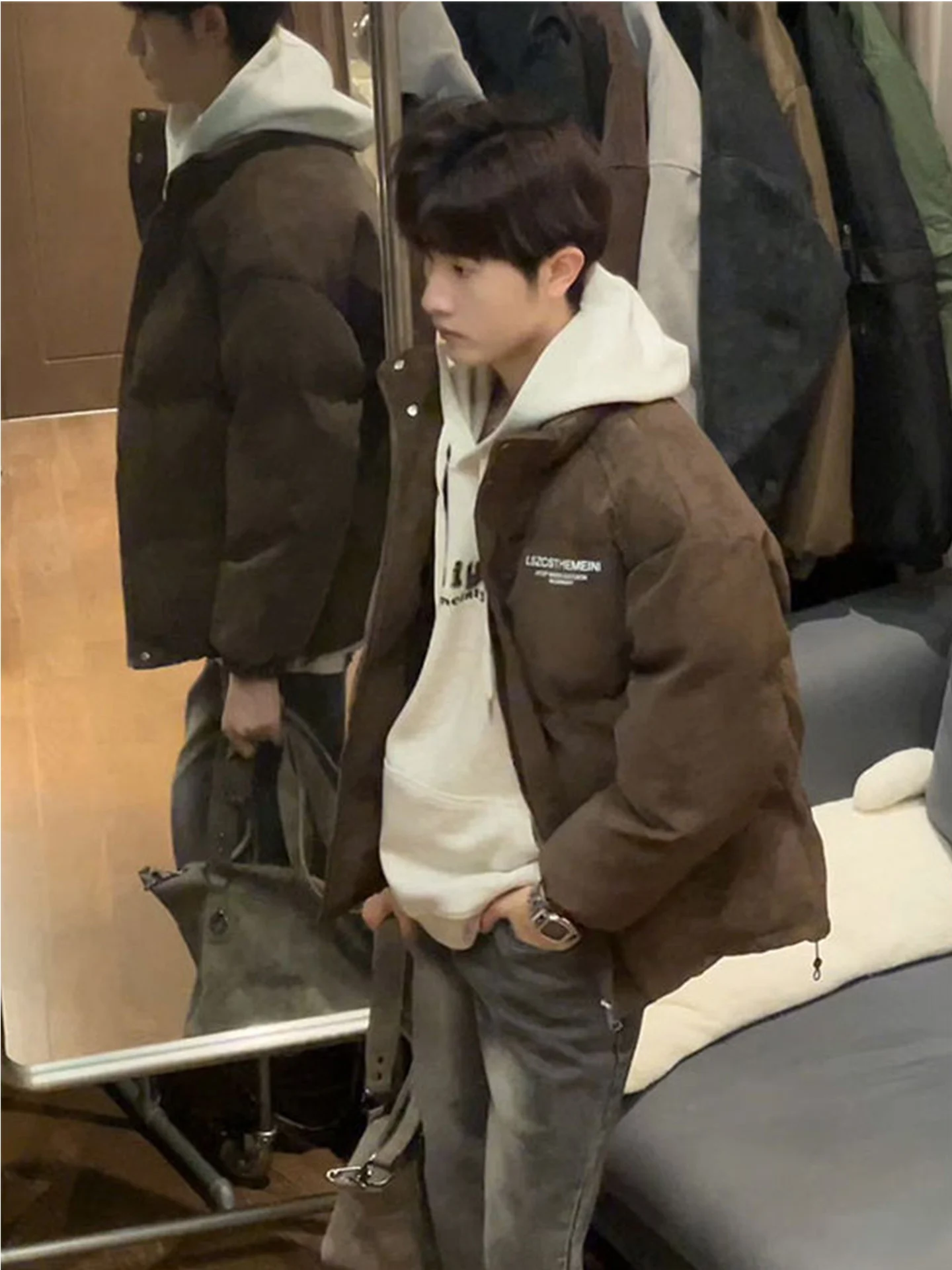 معطف Cie Brown ort Thiened من الجلد للرجال شتوي مصبوغ دافئ من القطن الأمريكي معطف رجالي كاجوال طويل Sve بسحاب #5