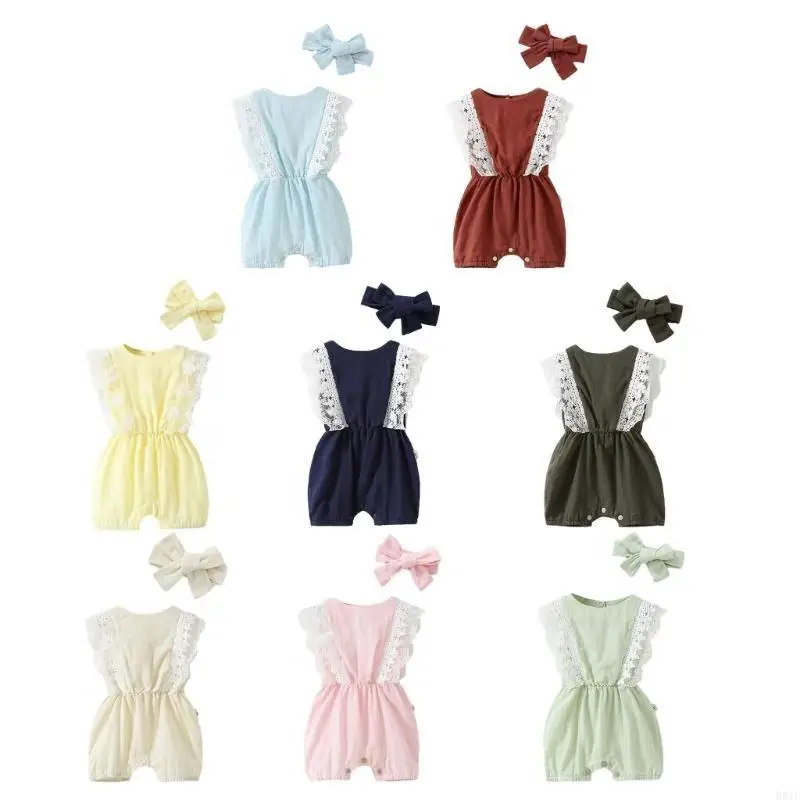 

581F Newborn Baby Girl Summer Spring Romper Dress Lace Skirt Little Girls Bodysuit with Bow Headband Baby Photograph Props