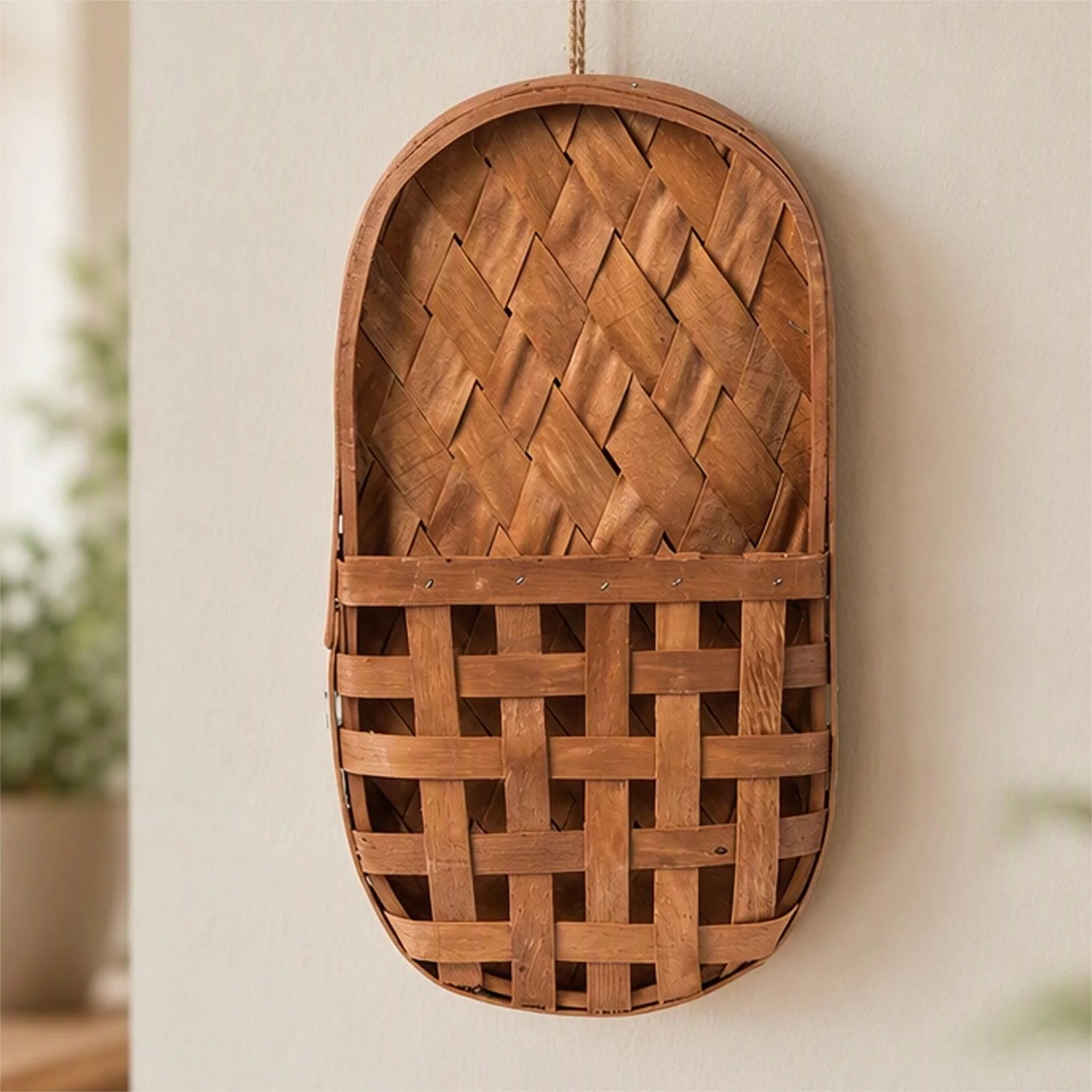 Handcrafted Woven Rattan Hanging Baskets Boho Wall Decor Hanging Rope Wooden Storage Container Handcrafted Wall Basket