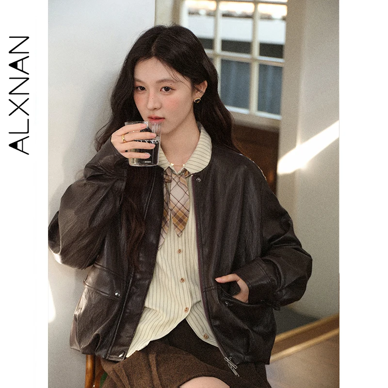 ALXNAN Brązowa Krótka Skórzana Kurtka Damska 2025 Jesień Zima Nowa Vintage Luźny Krój Skórzane Płaszcze Okrągły Dekolt Kurtka na Zamek L58058-1
