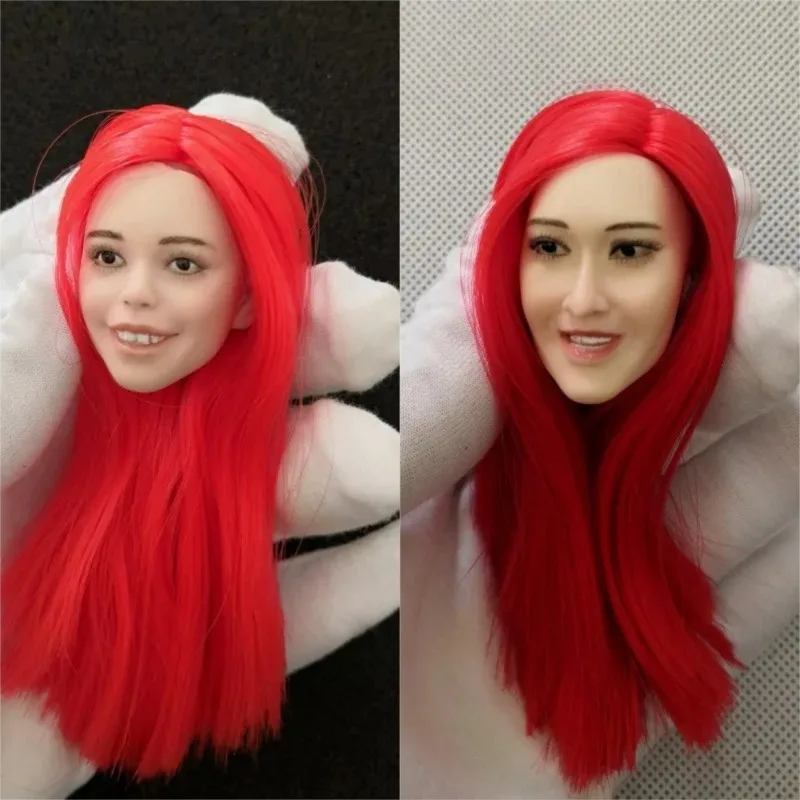 

1/6 Scale Red Long Hair Expression Head Sculpture Female Action Figures Head Carving Model for 12" Ph Tbl Pale Skin Body