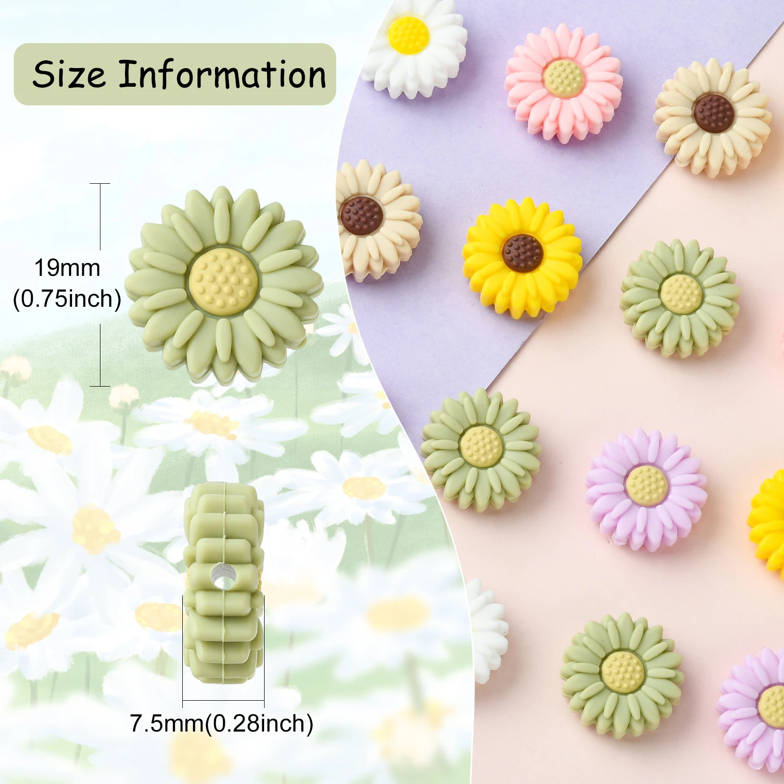 PandaHall 20pcs Random Color Silicone Daisy Flower Focal Double Sided Floral Beads for Crafting Jewelry Making