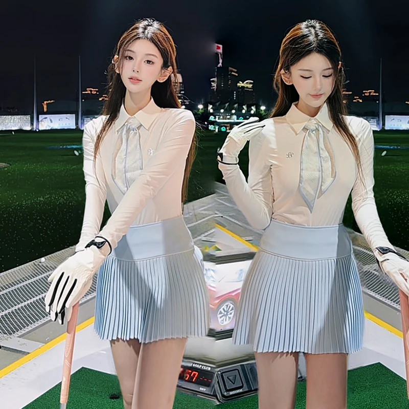 

PL Spring Women Sunscreen Long Sleeve T-shirt Golf Clothing Lady Quick-dry Polo Tops Pleated Golf Skirt High Waist Tennis Skorts