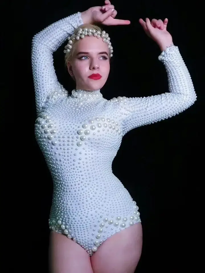 

DJ Female Singer Stage Performance Dress Women Sexy White Pearl Long Sleeved Elastic Tight Fitting Jumpsuit Club Party Dress