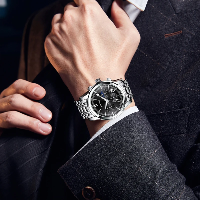 Dom 7508นาฬิกาควอทซ์ผู้ชายนาฬิกาเป็นทางการสุดหรูสีเงินกันน้ำนาฬิกาข้อมือสำหรับผู้ชายลายดวงดาวบนท้องฟ้า