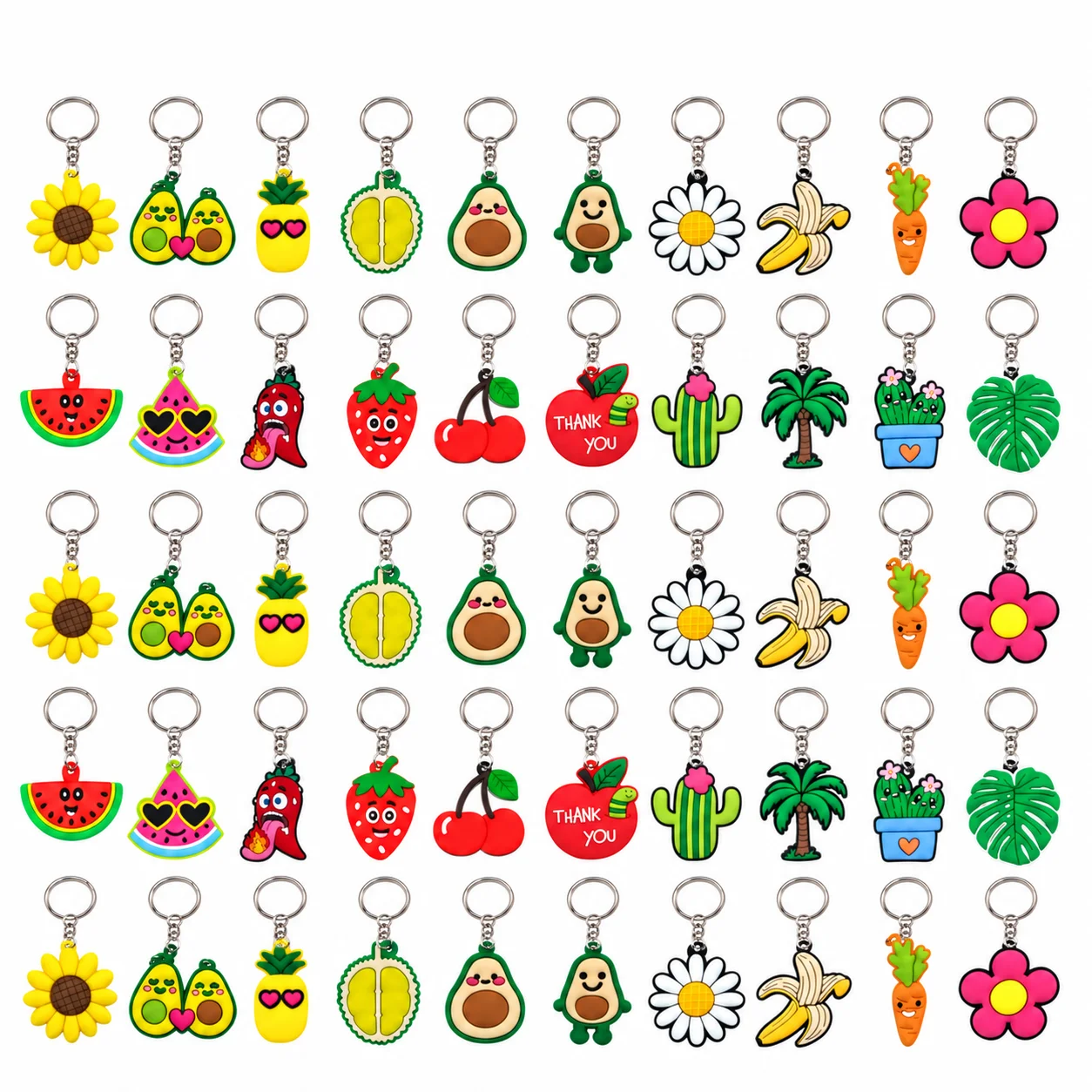 50/100pcs Cute Fruit Plant Keychain Set Avocado Watermelon Cactus Pendant Bag Charm Bulk Gift for Friends Party Favors Wholesale