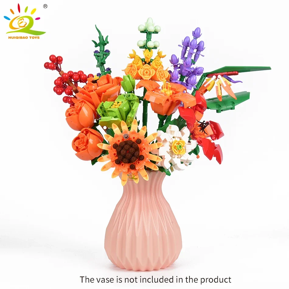 HUIQIBAO DIY MOC Flower Bouquet Model Building Blocks Plants Sunflower Bricks Kits Educational Toy For Children Girl Home Decor