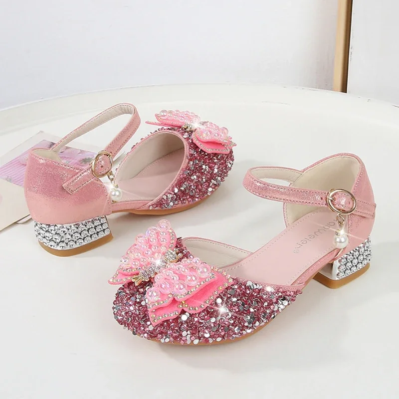 Zapatos de princesa con lentejuelas para niños, sandalias de cuero para niños, zapatos elegantes con diamantes de imitación, mariposa, vestido informal para niñas, zapatos individuales