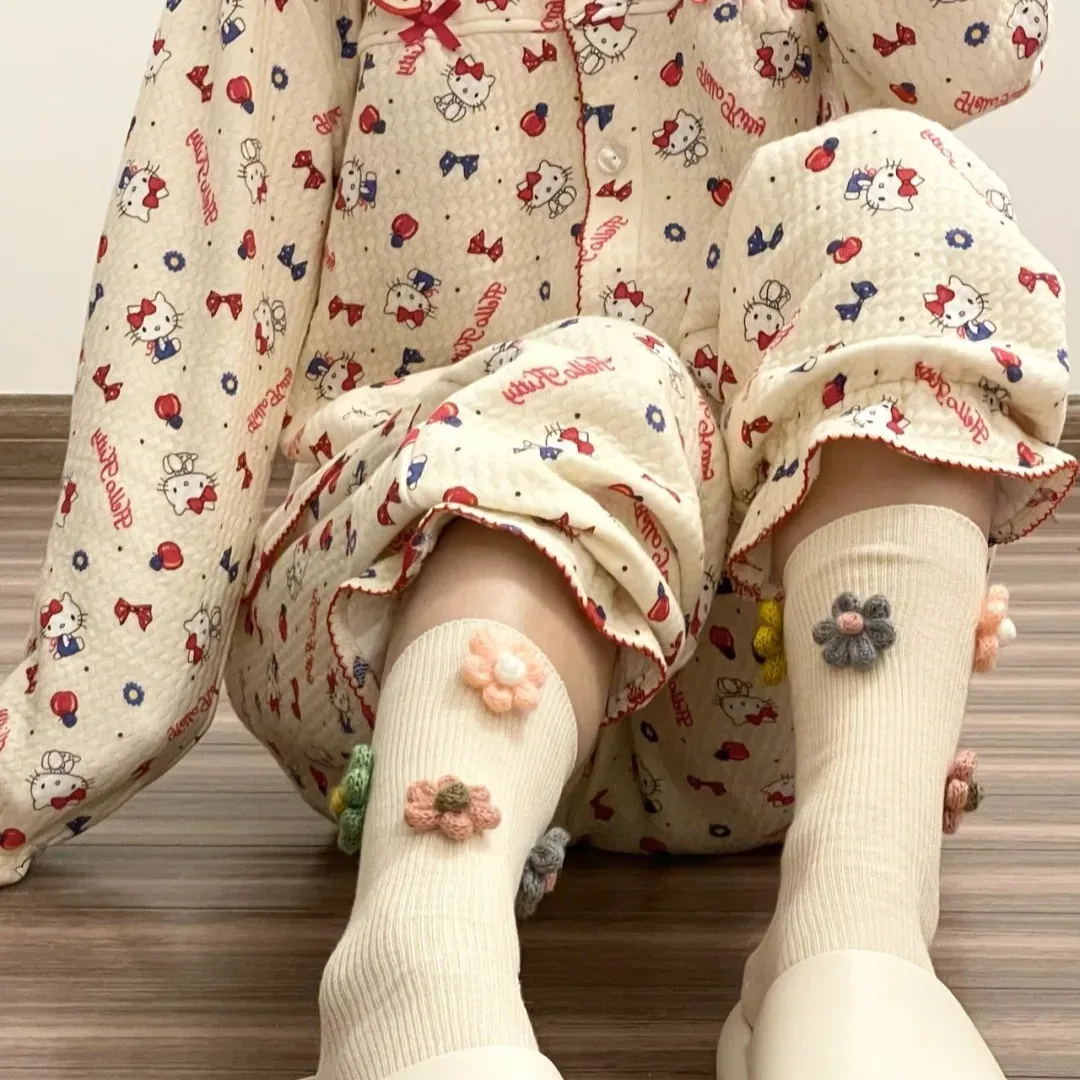 Sanrio hello kitty conjunto de pijamas de algodão ar bonito e doce estilo ins kitty engrossado quente solto roupas para casa para outono e inverno