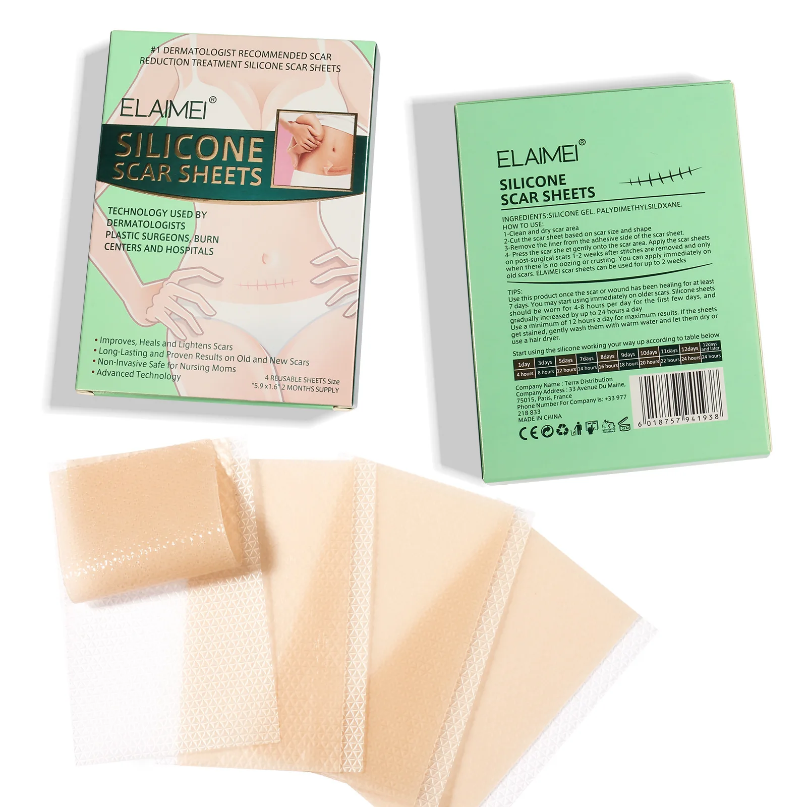 Bandes de Gel de Silicone, 4 pièces/boîte, Patch pour l'élimination des cicatrices, des traumatismes, des brûlures, réparation de la peau, thérapie