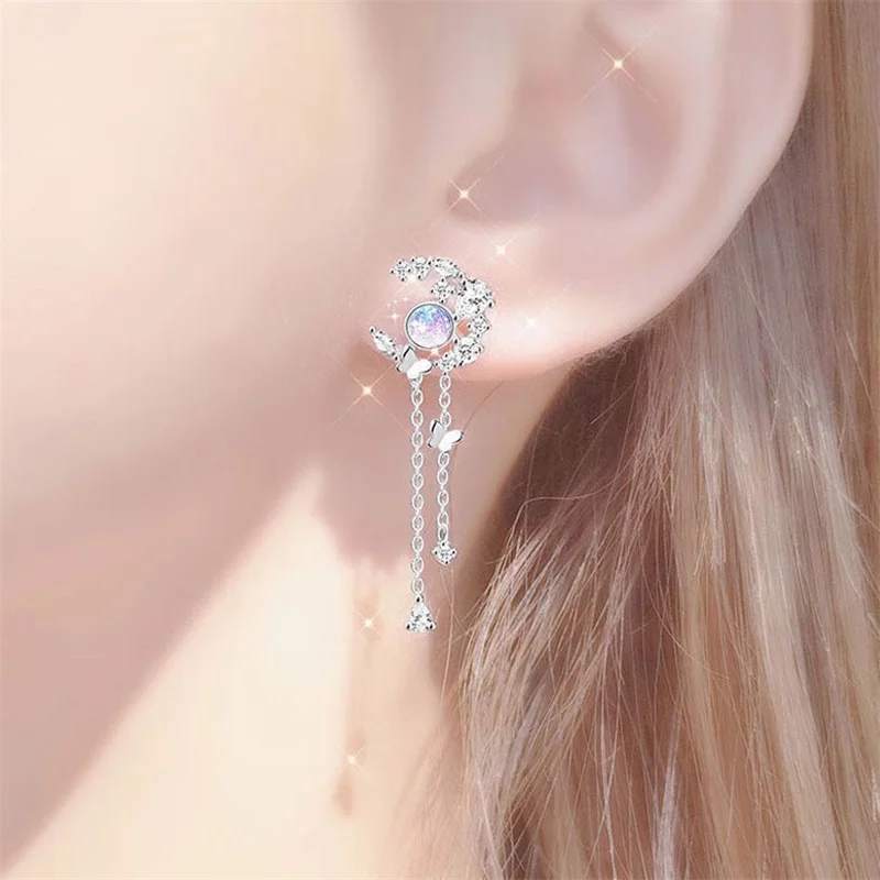 Zarte, niedliche Zirkon-Mond-Quasten-Schmetterlings-Ohrstecker für Damen, koreanische neue Mode, asymmetrische Ohrringe, Partyschmuck – Detail 2