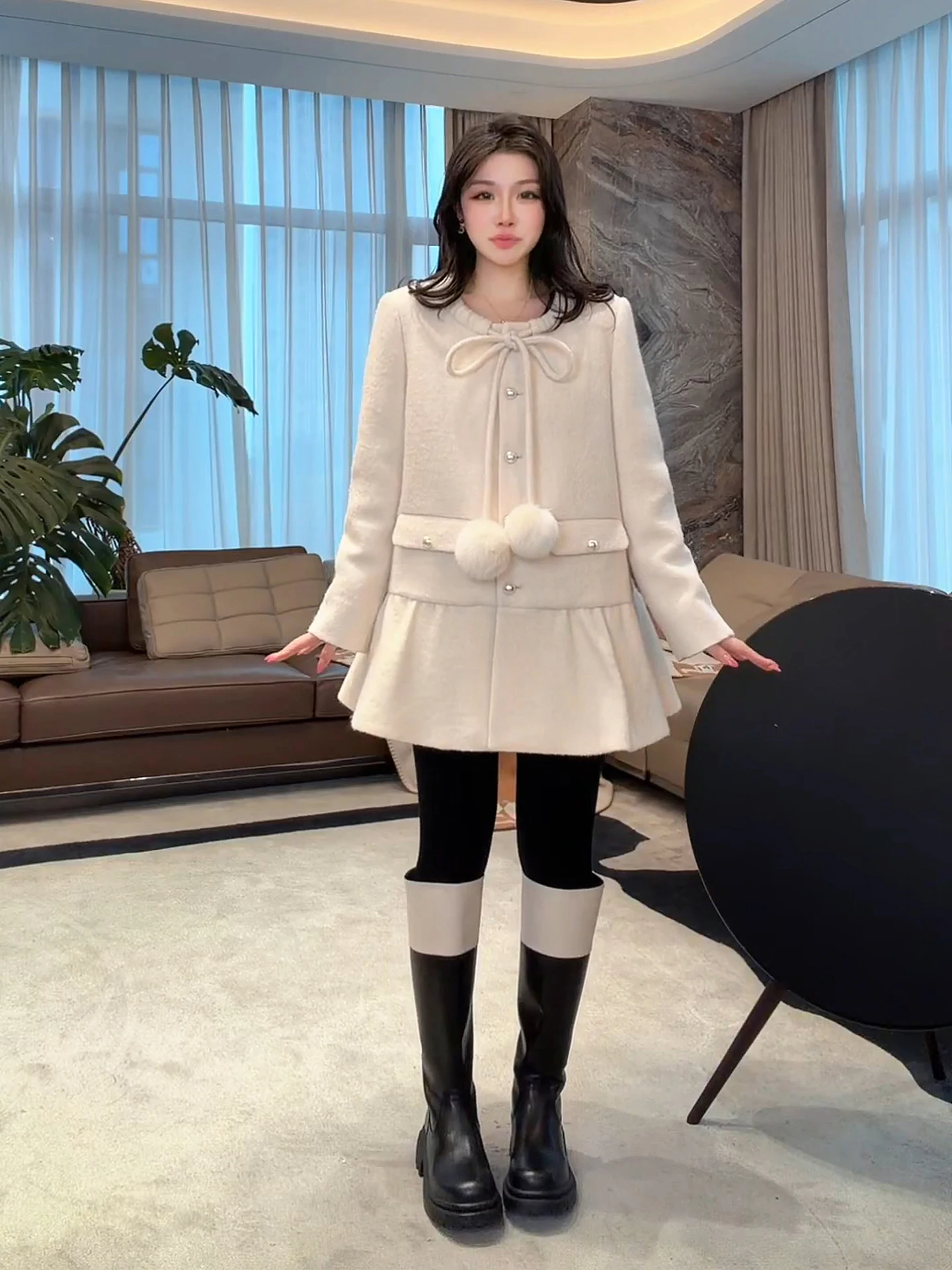 

MeHomeYang White Goose down Coat Age-Defng Merino Wool Ele Lady's down Jaet Loose Fit Warm Long Sve Winter Coat