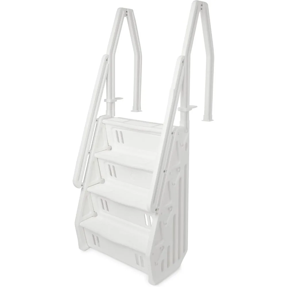 

Deluxe Versatile Adjustable 32 Inch in-Pool Step Ladder Entry System with Double Handrail for Above Ground Swimming Pools, Whit