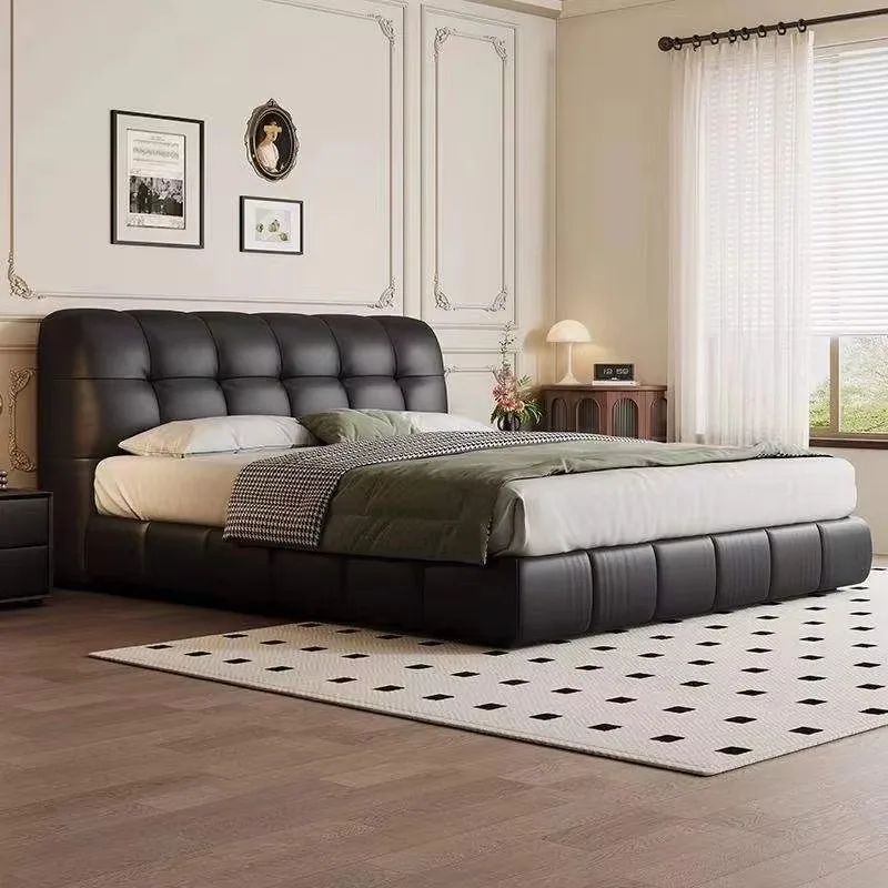 Modern luxury double bed, upholstered leather, with cooling function, comfortable solid wood frame, storage space