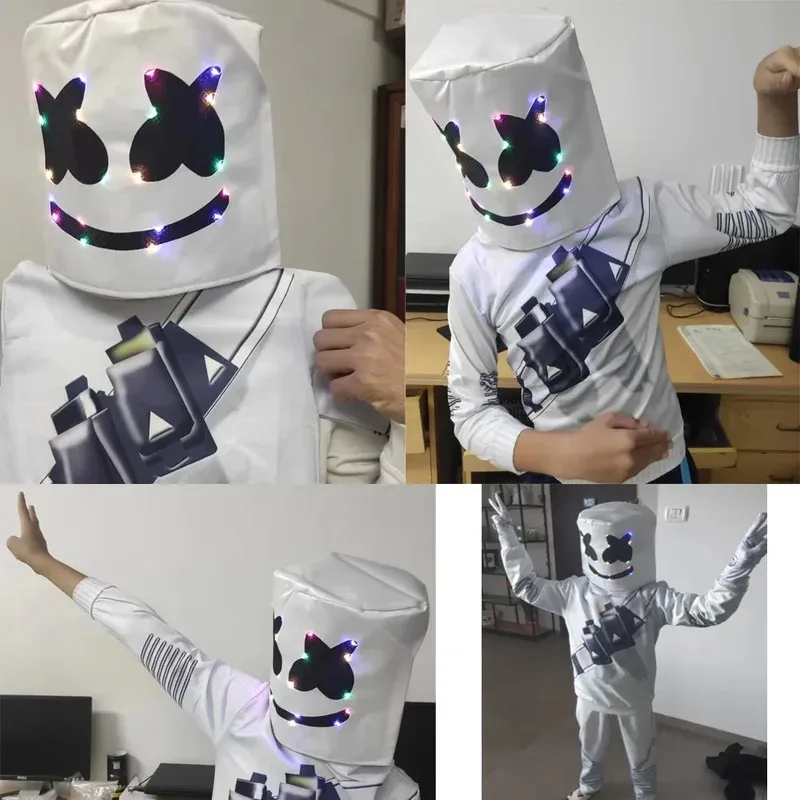 Anime Cosplay Halloween Marshmellow DJ máscara LED Cosplay niños disfraz sudaderas con capucha + Pantalones + máscara + guantes 4 Uds conjunto niños música Chr 72th