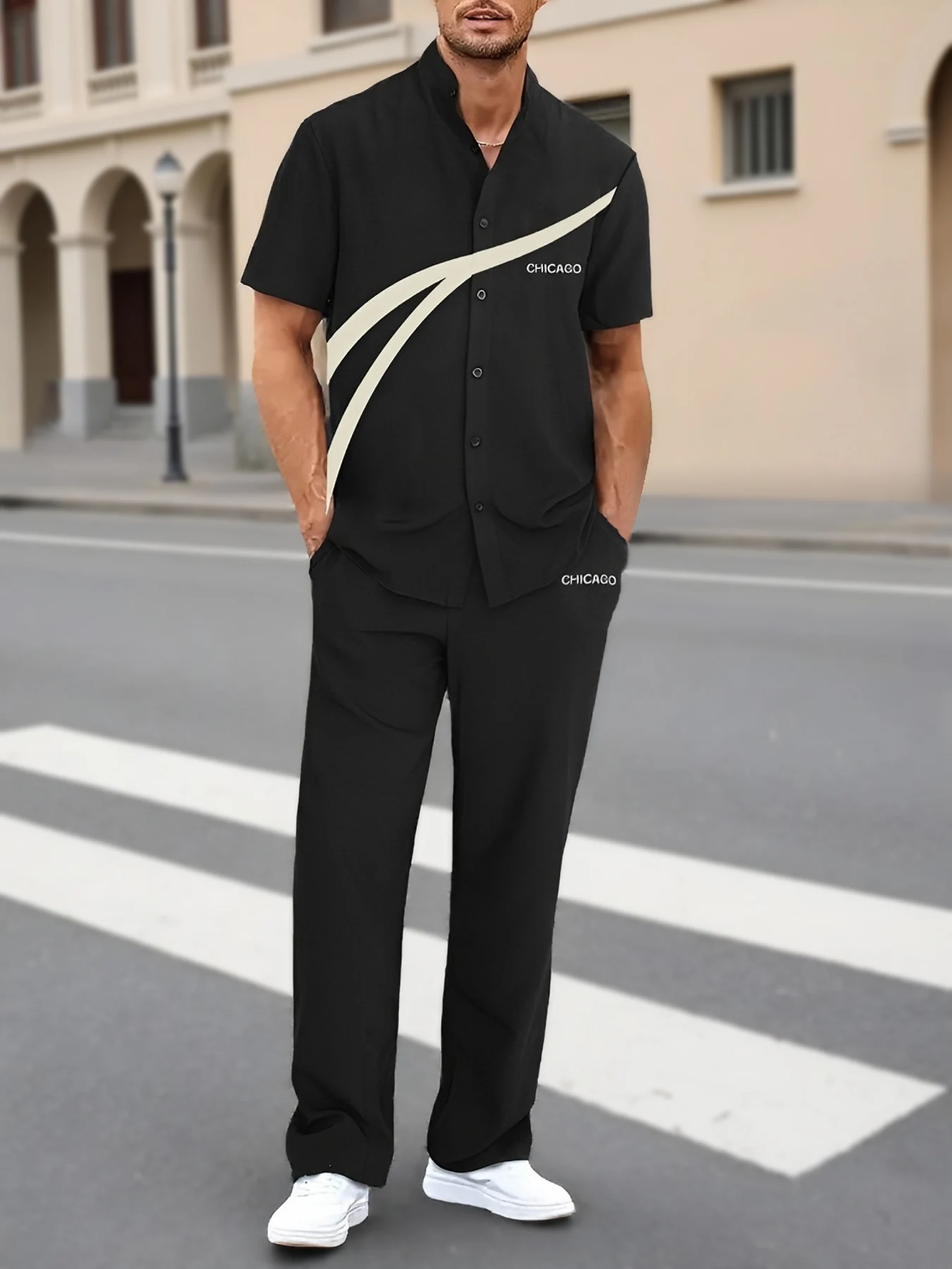 

Men's 2 Piece Black Contrast Stripe Set, "Chicago" Embroidery Short Sleeve Shirt & Pants Summer Casual Outfit