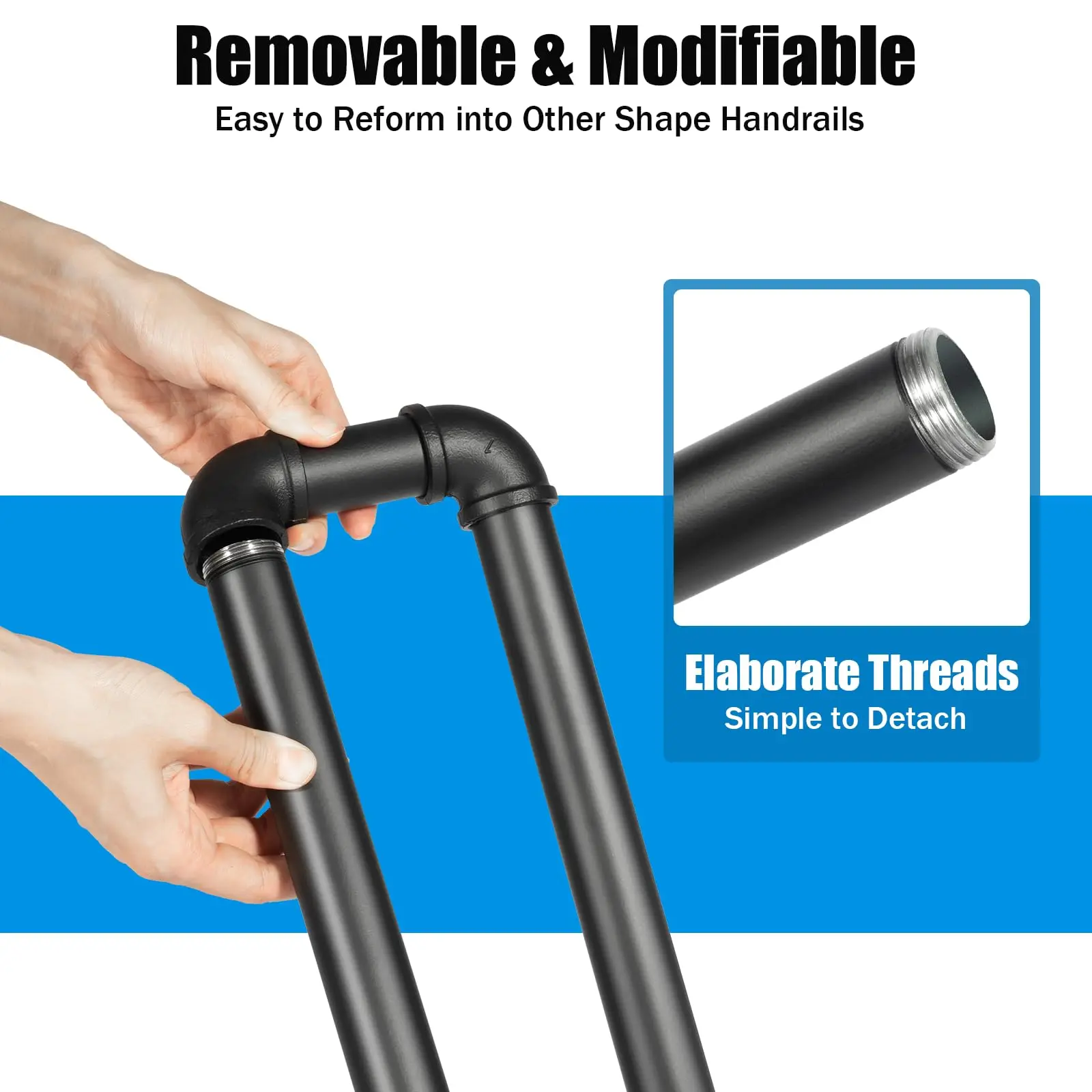Corrimão de escada preto fosco em forma de u corrimão de ferro forjado industrial antiderrapante segurança interior ou exterior suporte para crianças idosas