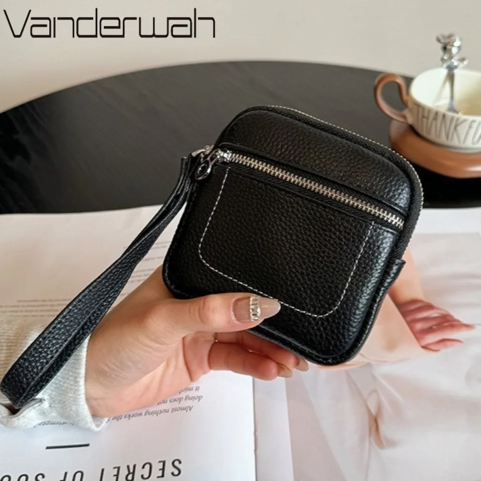 Genuien Leather Coin Purse Women's New Small Zipper Coin Purse Cowhide Leather Driver License Lipsti Earphone Storage Bag Wallet
