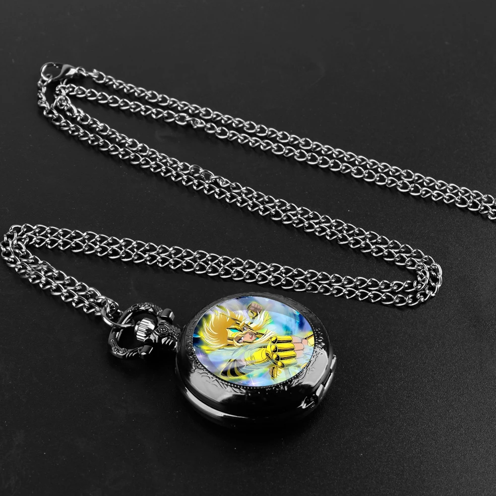 Saint Seiya Design Glass Dome Arabic Numerals Quartz Pocket Watch Necklace Pendant Clock Chain Mens Women Kids Gifts