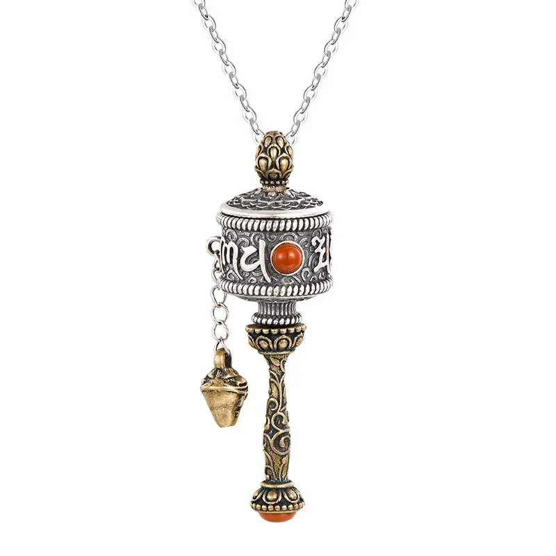 S925 Silver Ethnic Style Six-Character Mantra Wheel Pendant Eight Treasures Auspicious Wheel Rotatable Tibetan Buddha Necklace