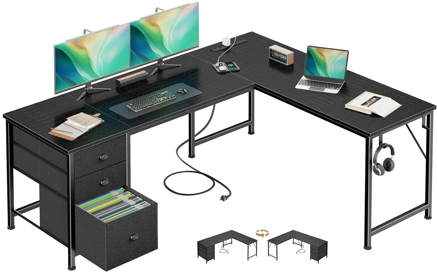L Shaped Desk with Power Outlets & USB-C, Reversible Corner Computer Desk with 3 Fabric Drawers & Hooks, Gaming Writing Workstat