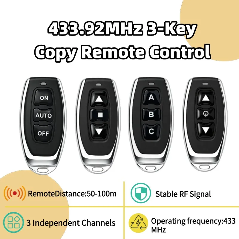 

433.92MHz 3-Channel Clone Remote Control Key, Wireless Code Copy Transmitter Duplicator, Universal Duplicated Cloning Remote Fob