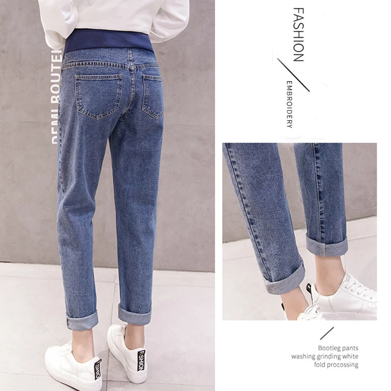 Autumn Straight Denim Maternity Jeans Spring High Waist Stretch Flared Belly Pants Clothes for Pregnant Women Work Trousers Blue