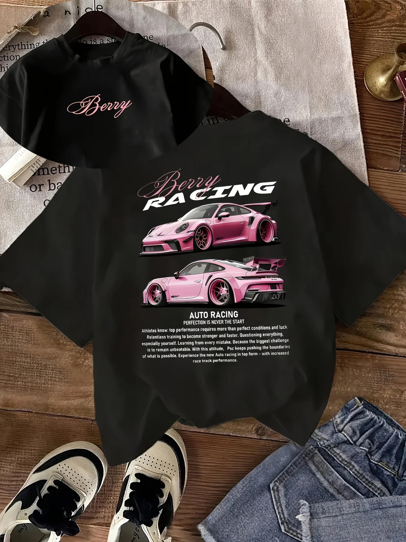 Summer New Coupe Pink Racing Double sided Pattern Printed Short Sleeve Fashion Trend Style Suitable for Racing Enthusiasts