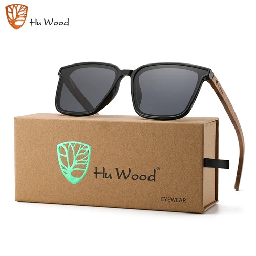 Hu Wood Square hombres mujeres gafas de sol polarizadas gafas de sol lentes azules patas de madera tonos Uv400 GR8052