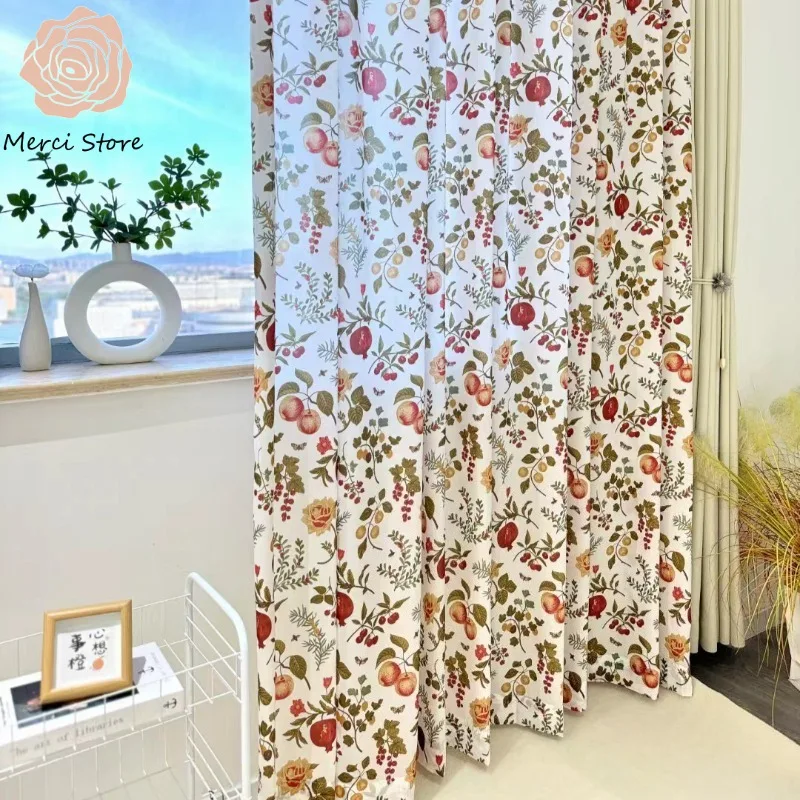 

American Pastoral Style Pomegranate Flower White Gauze Curtains for Bedroom Balcony Living Room Transparent Window Screen Drape