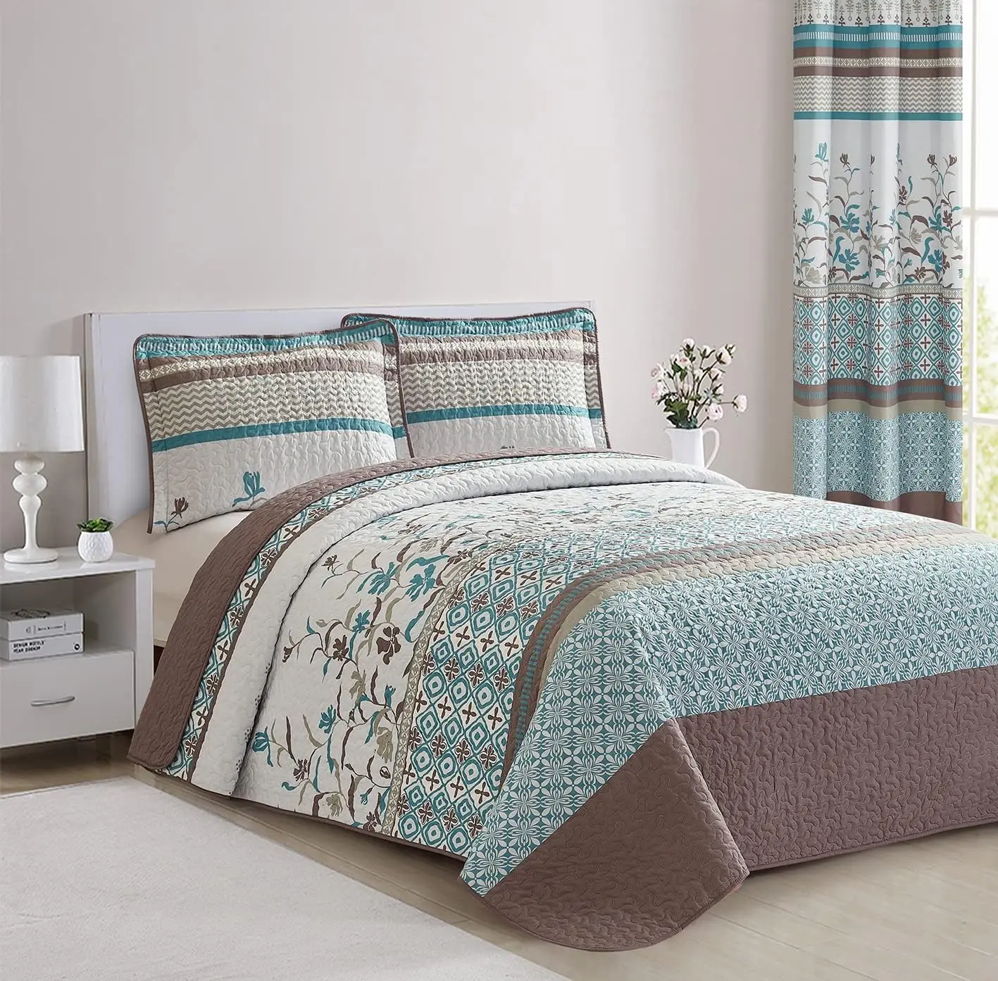 Twin Size 2 Piece Reversible Quilt Set, Brown Turquoise Floral Coverlet Bedspread with Pillow Sham