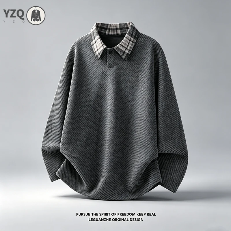 Mens Casual Loose Long Sleeve Pullover Top Plaid Lapel Collar Diagonal Corduroy Pattern Soft Fabric Wear