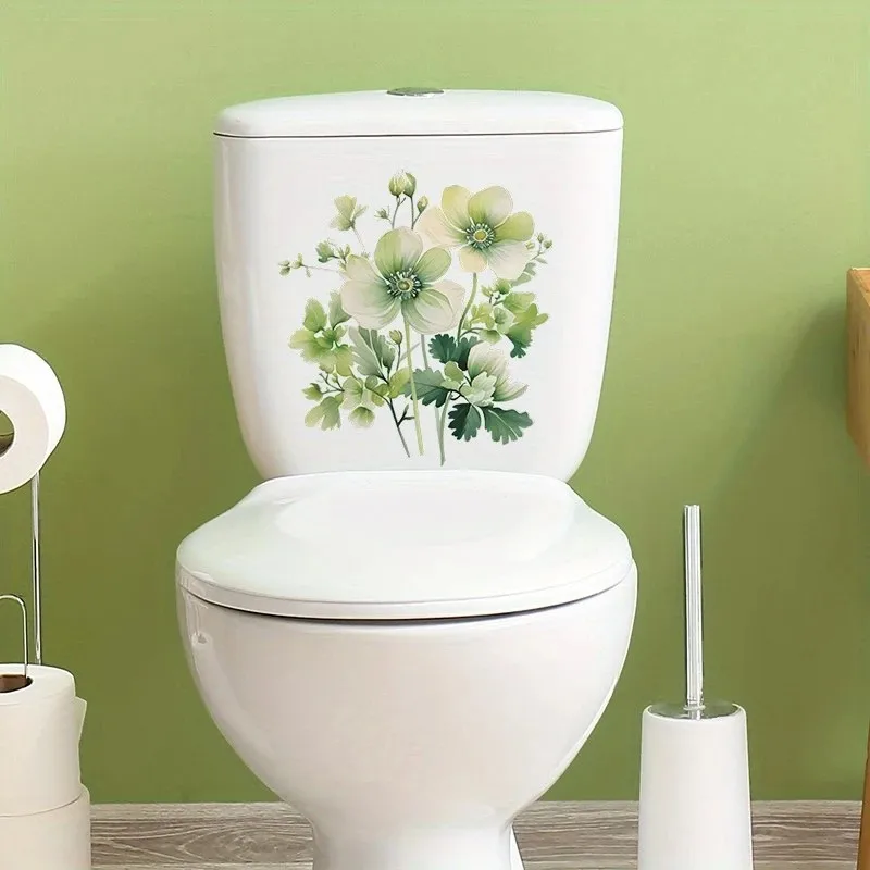 MT1138# Self-Adhesive Floral Toilet Sticker - Green Leaf & Flower Bathroom Decal for Toilet Outdoor Indoor Use